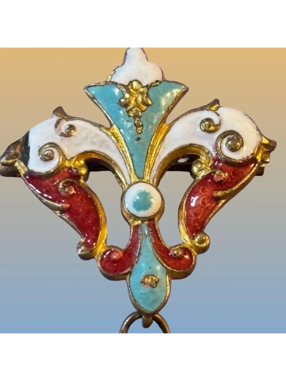 Cloisonné Enamel Three Fish Dangling from Fleur-de-lis brooch Brooch Statement